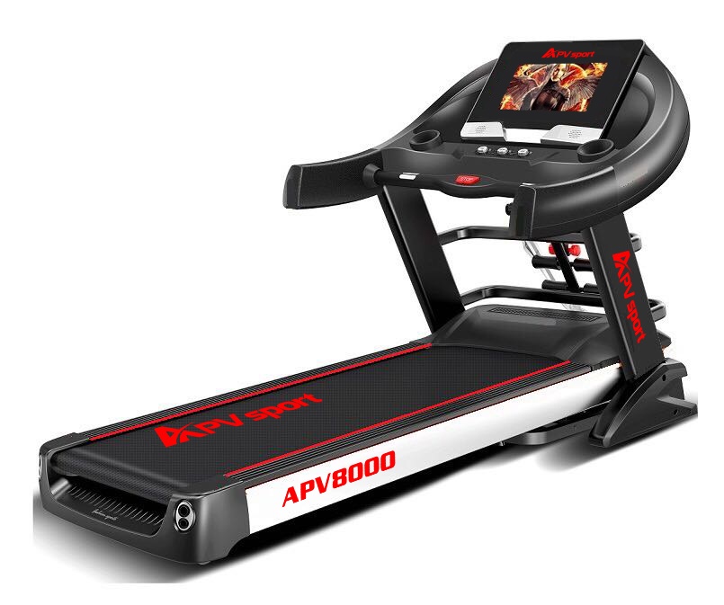 APVsport Bieżnia elektryczna do biegania i chodzenia APV8000, ekran TFT ANDROID 10.1 cala, dodatkowe wyposażenie PROMOCJA! - masażer, hantle, brzuszki, mata, pas biegowy 145x58cm